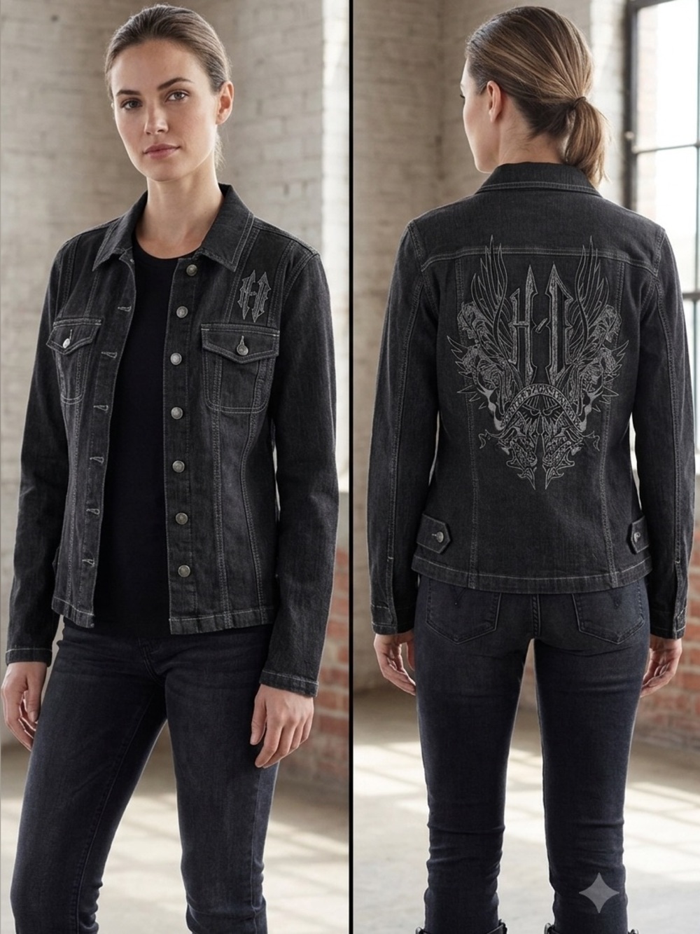 Harley-Davidson Black Washed Denim Trucker Jacket with Embroidered Chest Logo